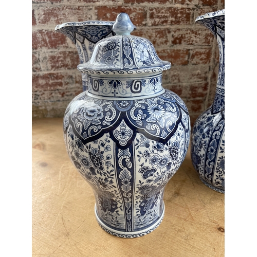 380 - Trio Of Antique Delft Blue & White Items, Two Vases One Urn