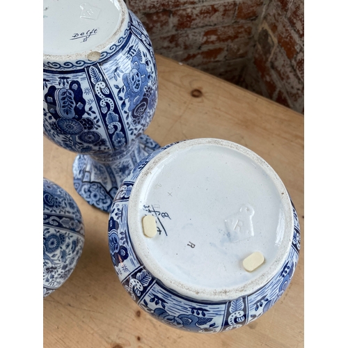 380 - Trio Of Antique Delft Blue & White Items, Two Vases One Urn