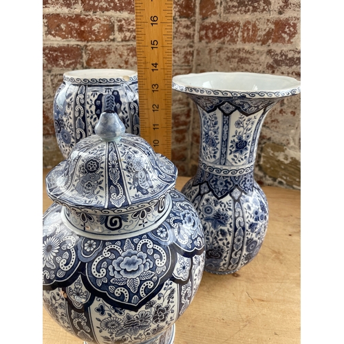 380 - Trio Of Antique Delft Blue & White Items, Two Vases One Urn