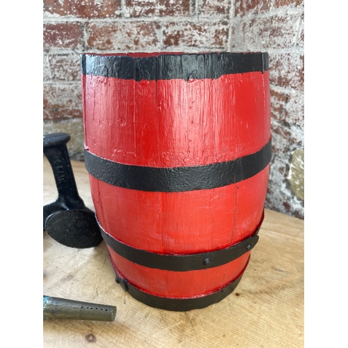 206 - 11Inch High Painted Wooden Barrel, Brass Sherry Tap & Cobblers Last.