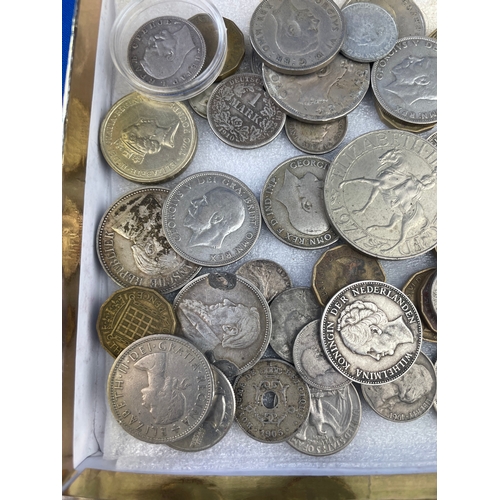 37 - Collection Of Coins, Lots Of Silver Content Inc. 1910 German Coin, 7 Silver George V Florins, South ... 