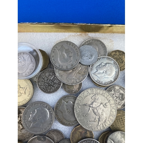 37 - Collection Of Coins, Lots Of Silver Content Inc. 1910 German Coin, 7 Silver George V Florins, South ... 