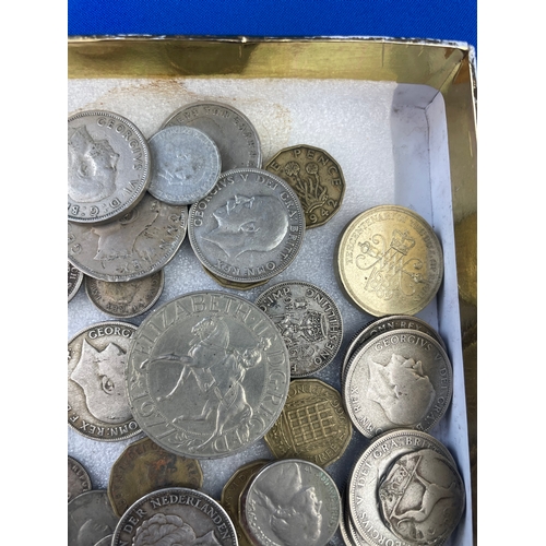 37 - Collection Of Coins, Lots Of Silver Content Inc. 1910 German Coin, 7 Silver George V Florins, South ... 