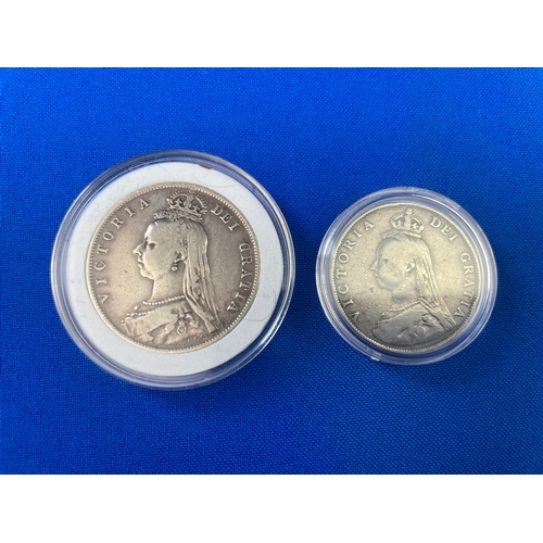 38 - Duo Of Victorian (Jubilee Crown) Silver 1887 Coins. Half Crown (EF) & Florin (EF)