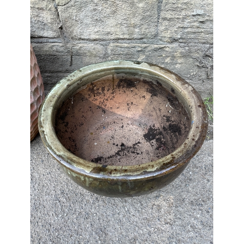 443 - Large Salt Glazed Planter alongside Terracotta Beehive Planter Missing Bottom