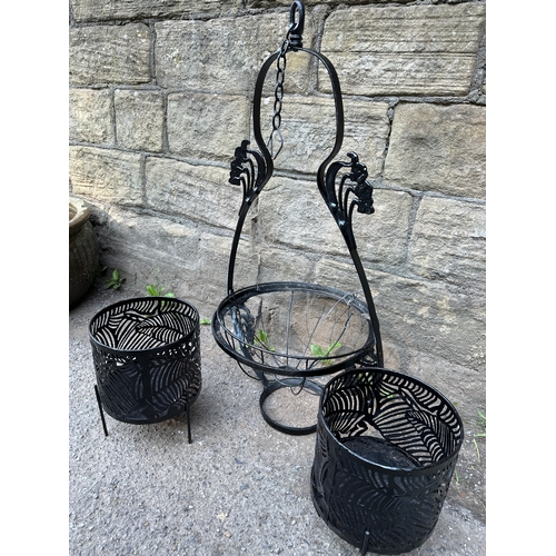 444 - Ornate Metal Hanging Basket and Two Metal Plant Pot Holders