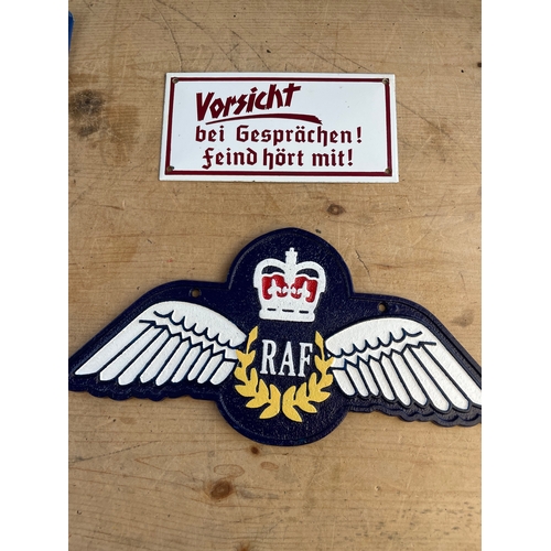 188 - Tin, Enamel & Cast Iron Signs. RAF Wall Plaque, Beware During Conversations The Enemy Listens German... 