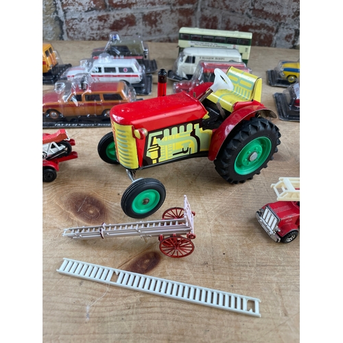 145 - Collection Of Die-Cast Cars & Tin Plate Tractor. Inc. Boxed Russian Vehicles, Matchbox & Corgi