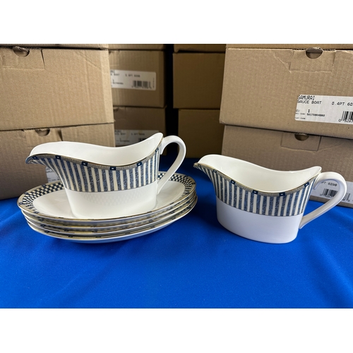 91 - 16 As New Boxed Wedgwood Samurai Sauce Boats with two Others and Four Sauce Boat Plates