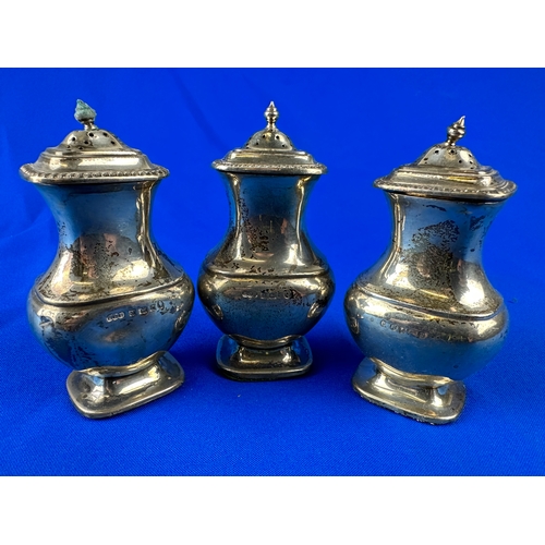 42 - Trio of Silver Hallmarked Salt/Pepper Sifters, Thick Walled - 10.5cm tall - weighted bases