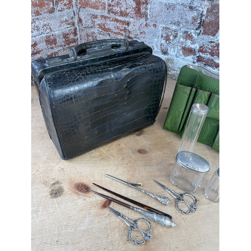 170 - 19th Century Crocodile Leather Vanity Case With Some Original Silver Items & Later Additions