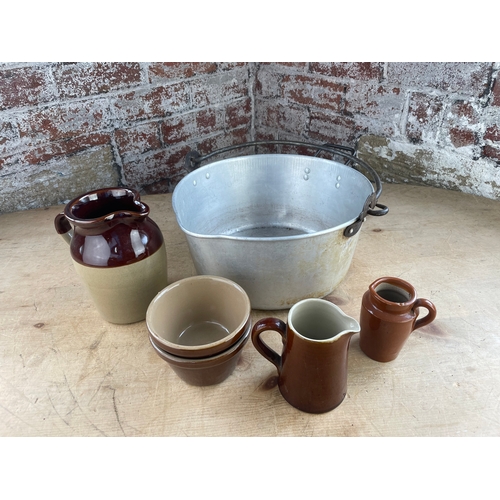 174 - Aluminium Jam Pan & Stoneware Kitchen Items.