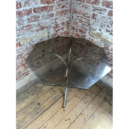 472 - Mid Century Chrome & Octagonal Smoked Glass Dining Table