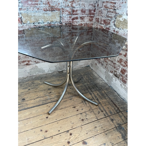 472 - Mid Century Chrome & Octagonal Smoked Glass Dining Table