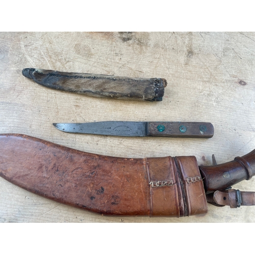 184 - Vintage Gurkha Kukri & Smaller Vintage Knife in Hide Sheath