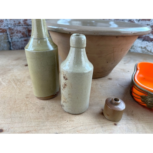 182 - Vintage StonewareBowl, Bottles & Ink Jar With Orange Glass & Wicker Basket.