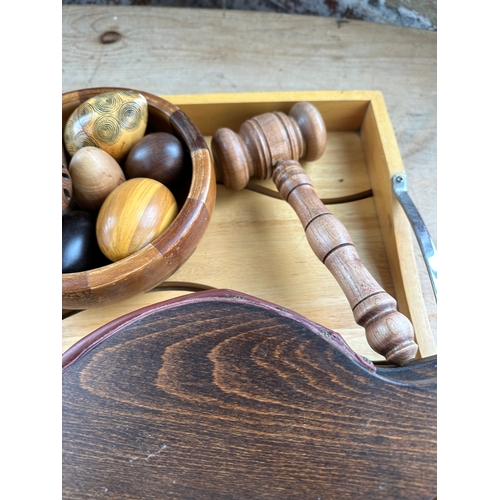 187 - Group Ofd Wooden Items Inc.Gavel, Painted Crumb Brush & Tray