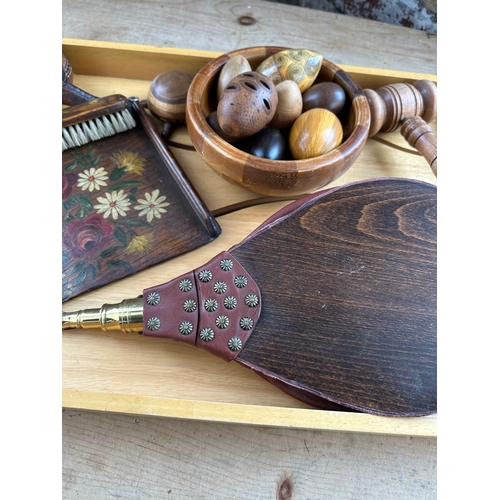 187 - Group Ofd Wooden Items Inc.Gavel, Painted Crumb Brush & Tray