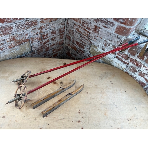 188 - Pair Of Bamboo Ski Poles & Vintage Ice Skates