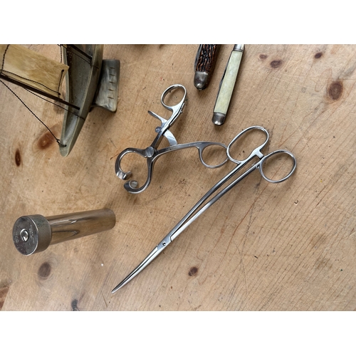 190 - Collectables Inc. Surgical Tools, Penknives & Horn Boat