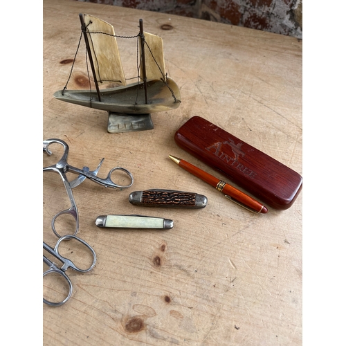 190 - Collectables Inc. Surgical Tools, Penknives & Horn Boat