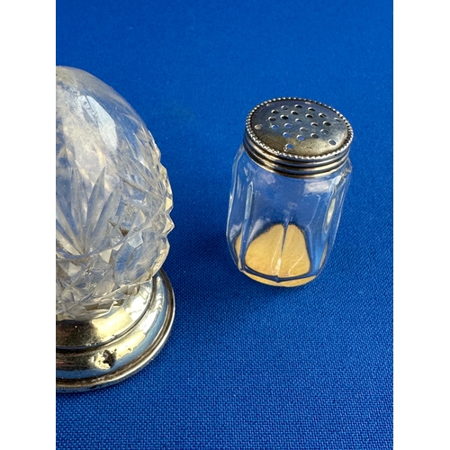 6 - Small Glass & Hallmarked Silver Salt Shaker With Small Glass & Sterling Silver Top Pepper Shaker.