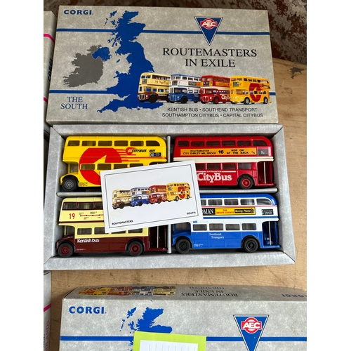 67 - 4 Box Sets Of Corgi Die Cast Buses, Routemasters In Exile. The North, South & Midlands. 1 Box Has In... 