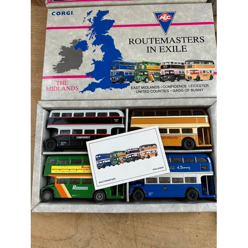 67 - 4 Box Sets Of Corgi Die Cast Buses, Routemasters In Exile. The North, South & Midlands. 1 Box Has In... 