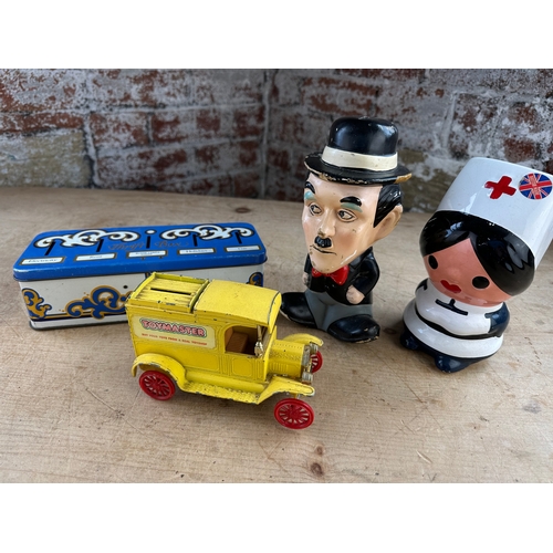 133 - Vintage Money Boxes Inc. Toymaster & Charlie Chaplin.