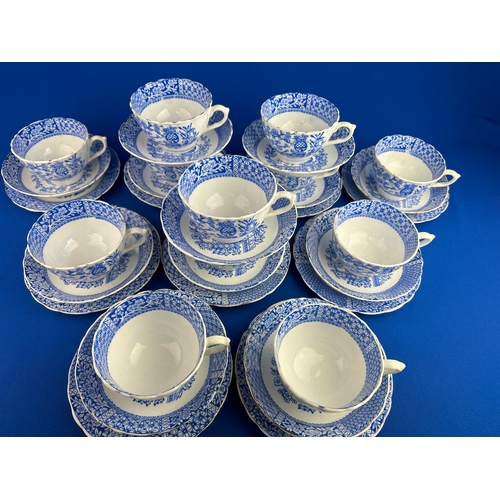 254 - Set Of 12 Blue & Withe Transfer Ware Cups & Saucers With 9 Plates.