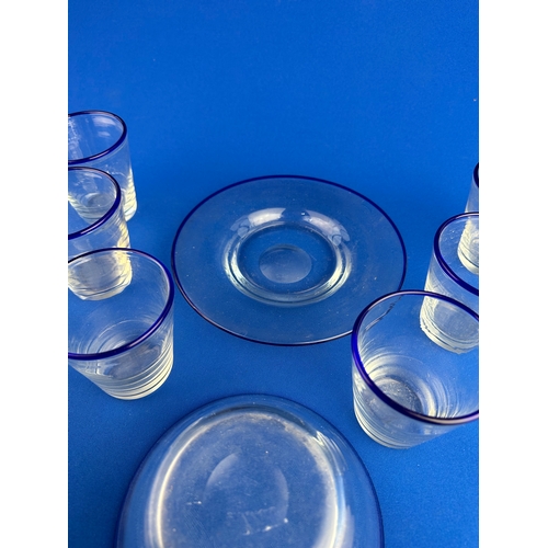 237 - Quality Early Glass Set. Blue Rim With Polished Bases & Ground Pontil Marks .