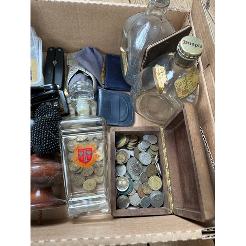 225 - Box Of Collectables Including Coins, Cast Iron Coffee Grinder Etc.