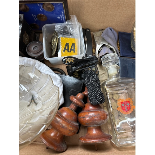 225 - Box Of Collectables Including Coins, Cast Iron Coffee Grinder Etc.