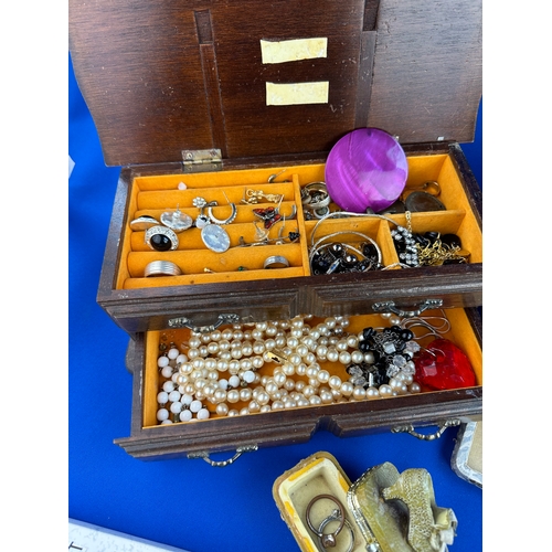 106 - Two Small wooden Chests Of Costume Jewellery & Cased Vintage Jewellery Items Etc.