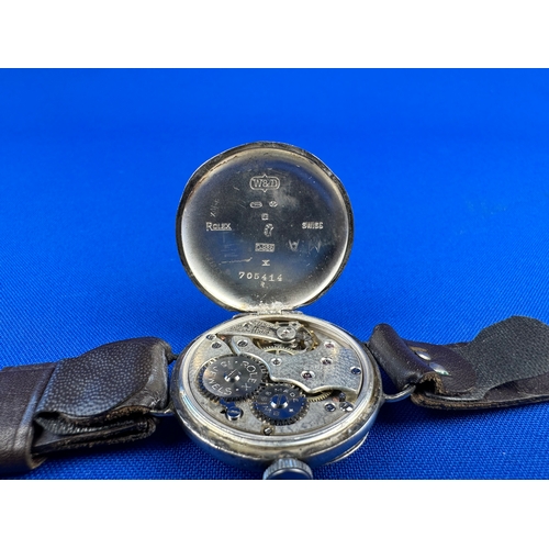 14 - Rolex 1916 WWI Era, Hallmarked Silver Trench Style Watch. Working. Movement Marked Rolex 15 Jewels, ... 