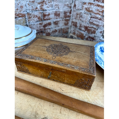 232 - Collectables inc. Large Carved Fork & Spoon, Ornate Wooden Box & Ceramics