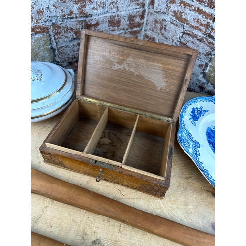 232 - Collectables inc. Large Carved Fork & Spoon, Ornate Wooden Box & Ceramics