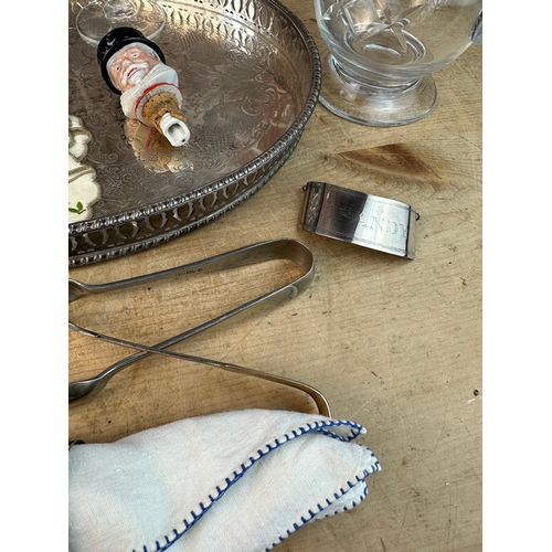 230 - EPNS Gallery Tray, Napkin Rings, Sugar Tongs, Wade Beefeater Gin Pourer, Embroidered Wine Glass Stem... 