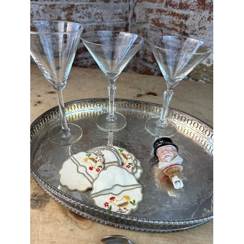 230 - EPNS Gallery Tray, Napkin Rings, Sugar Tongs, Wade Beefeater Gin Pourer, Embroidered Wine Glass Stem... 
