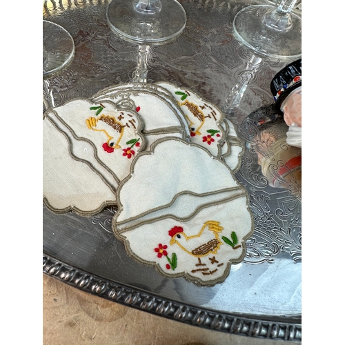 230 - EPNS Gallery Tray, Napkin Rings, Sugar Tongs, Wade Beefeater Gin Pourer, Embroidered Wine Glass Stem... 