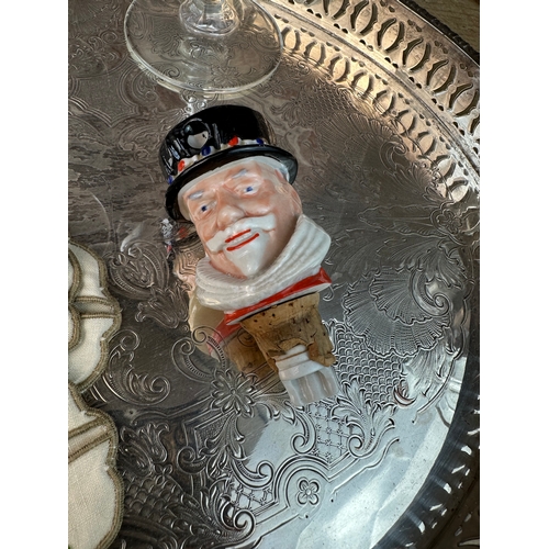 230 - EPNS Gallery Tray, Napkin Rings, Sugar Tongs, Wade Beefeater Gin Pourer, Embroidered Wine Glass Stem... 