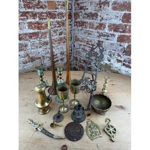 218 - Group of Mixed Metalware Items inc. Copper Horns, Candlesticks etc.