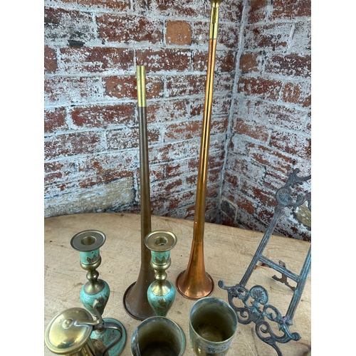 218 - Group of Mixed Metalware Items inc. Copper Horns, Candlesticks etc.