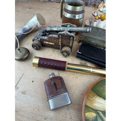 220 - Mixed Collectables inc. Hip Flask, Brass Telescope, Trinket Box, Cannon Model etc.