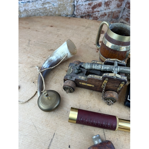 220 - Mixed Collectables inc. Hip Flask, Brass Telescope, Trinket Box, Cannon Model etc.