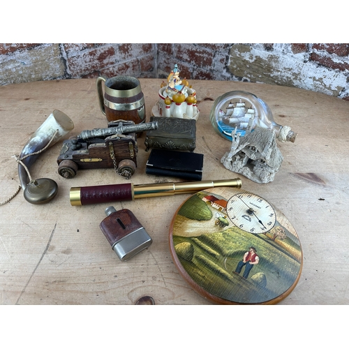 220 - Mixed Collectables inc. Hip Flask, Brass Telescope, Trinket Box, Cannon Model etc.