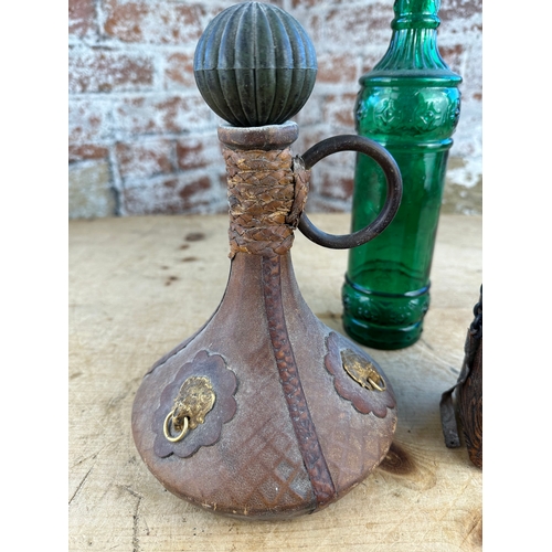 224 - Vintage Leather Bound Decanters & Glass Bottle
