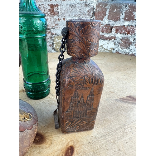 224 - Vintage Leather Bound Decanters & Glass Bottle