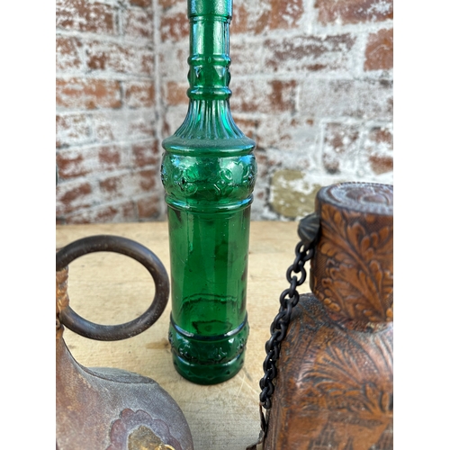 224 - Vintage Leather Bound Decanters & Glass Bottle