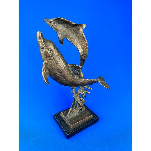 251 - Bronze Style Dolphin Sculpture Signed Jin. P. on Marble Base